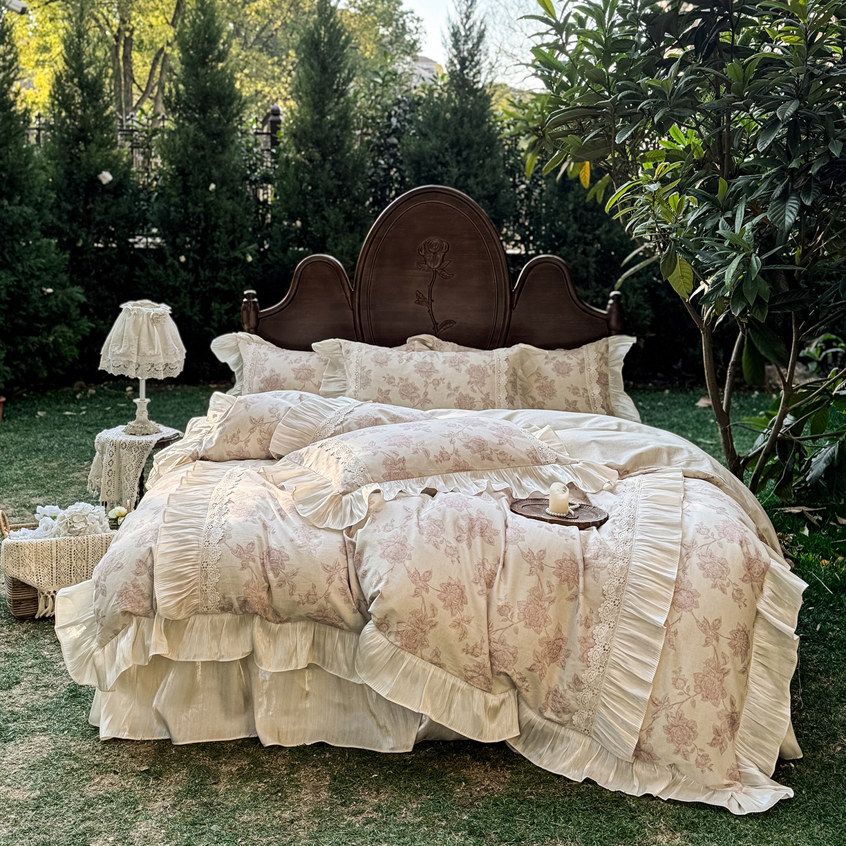 乐朵家居 2026新款 复古花镜 全棉棉麻 床裙四件套 胭脂粉