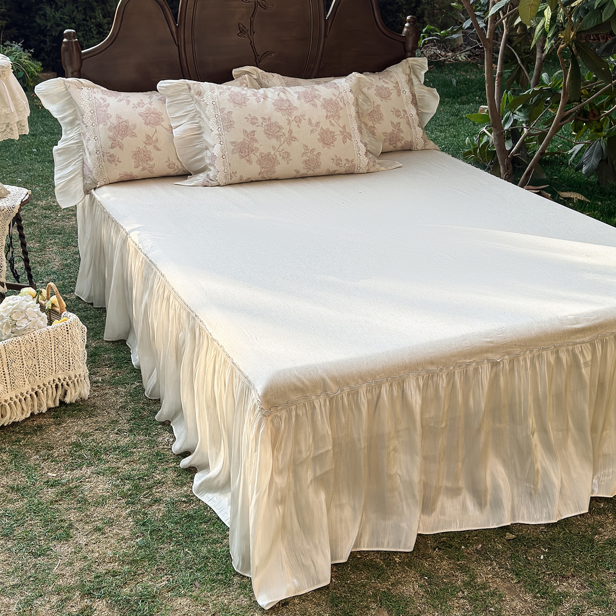 91家纺网 家纺一手货源 找家纺 乐朵家居 2026新款 复古花镜 全棉棉麻 床裙四件套 胭脂粉