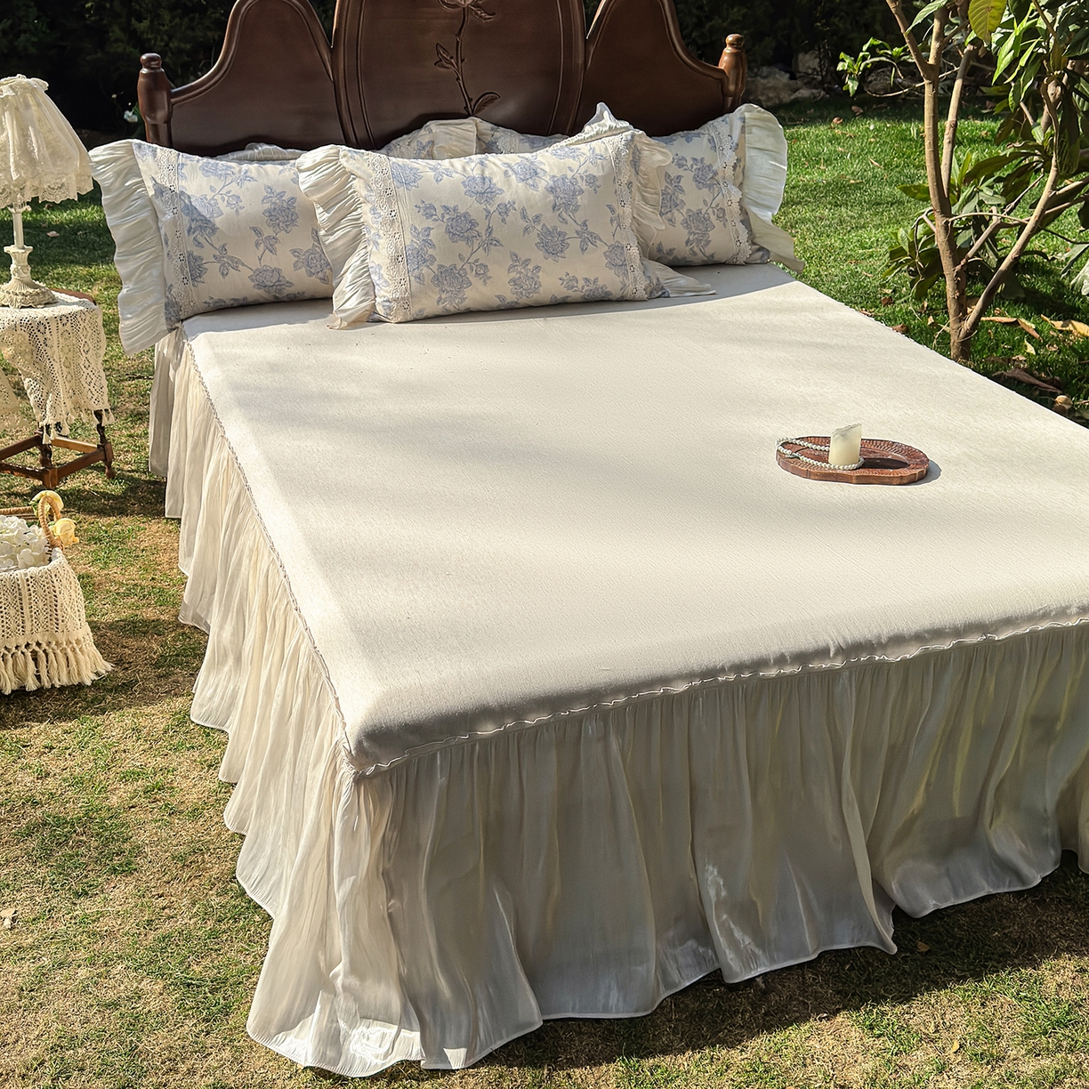 91家纺网 家纺一手货源 找家纺 乐朵家居 2026新款 复古花镜 全棉棉麻 床裙四件套 迷雾蓝