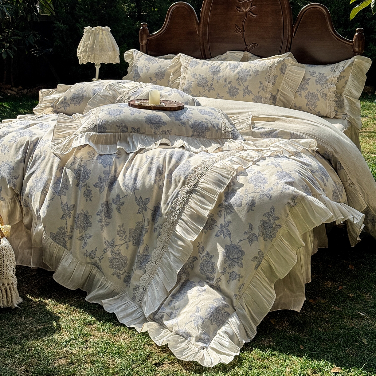 91家纺网 家纺一手货源 找家纺 （总）乐朵家居 2026新款 复古花镜 全棉棉麻 床裙四件套