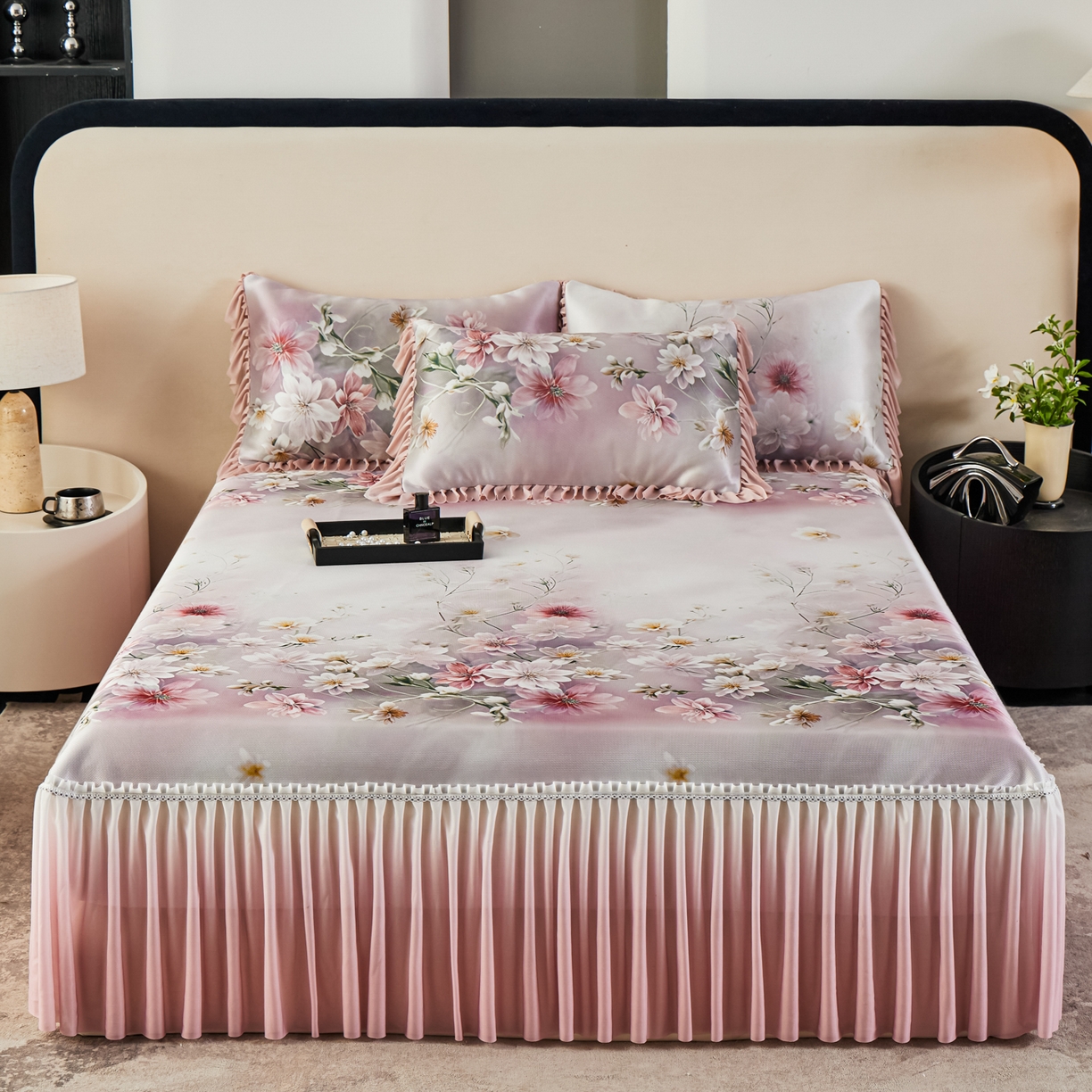 91家纺网 家纺一手货源 找家纺 绒宴家纺2026海洋冰丝床裙款凉席三件套