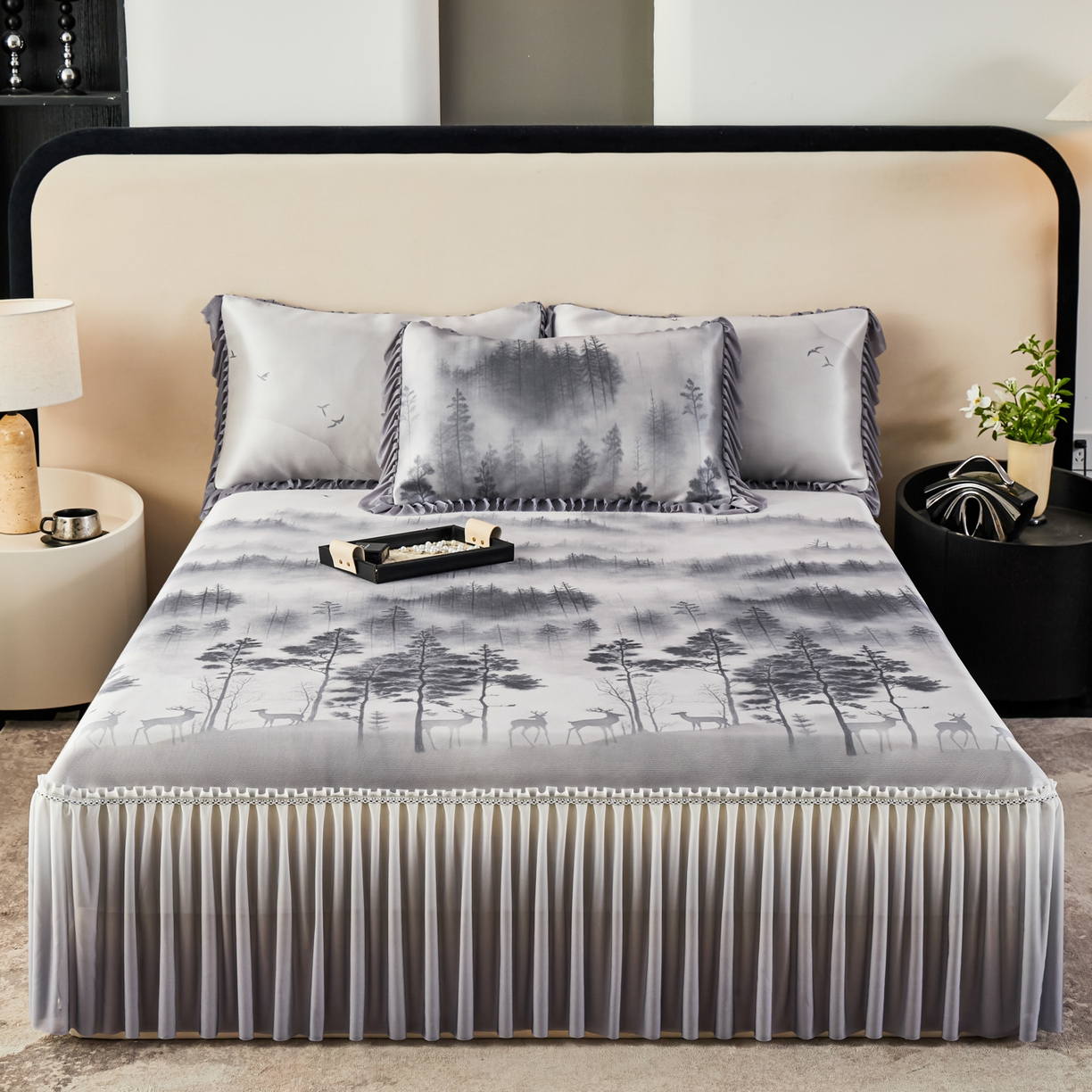 91家纺网 家纺一手货源 找家纺 绒宴家纺2026海洋冰丝床裙款凉席三件套