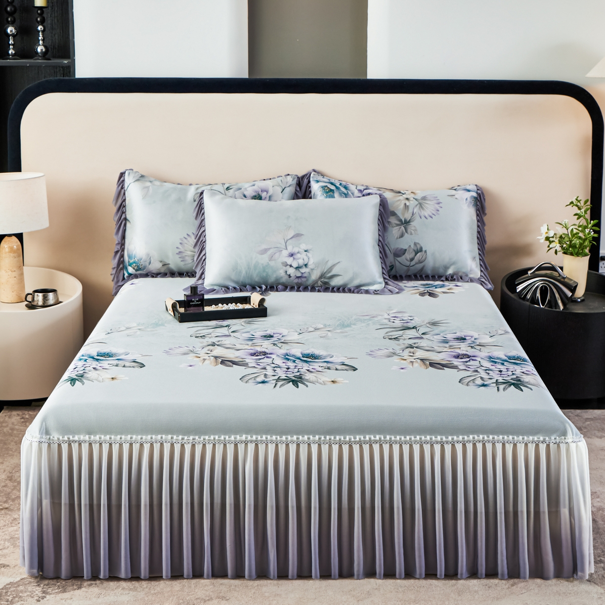 91家纺网 家纺一手货源 找家纺 绒宴家纺2026海洋冰丝床裙款凉席三件套