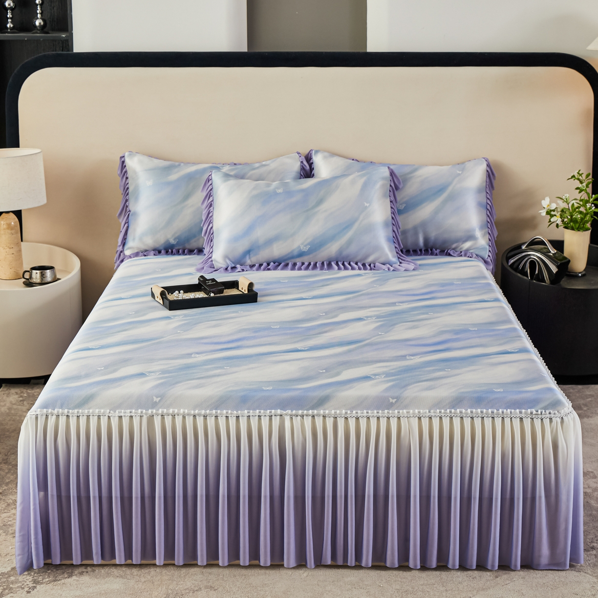 91家纺网 家纺一手货源 找家纺 绒宴家纺2026海洋冰丝床裙款凉席三件套