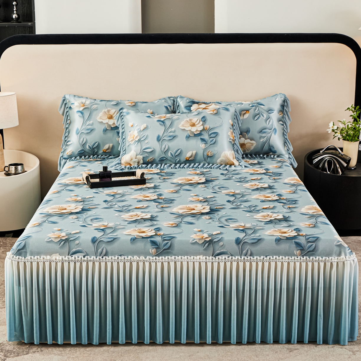 91家纺网 家纺一手货源 找家纺 绒宴家纺2026海洋冰丝床裙款凉席三件套