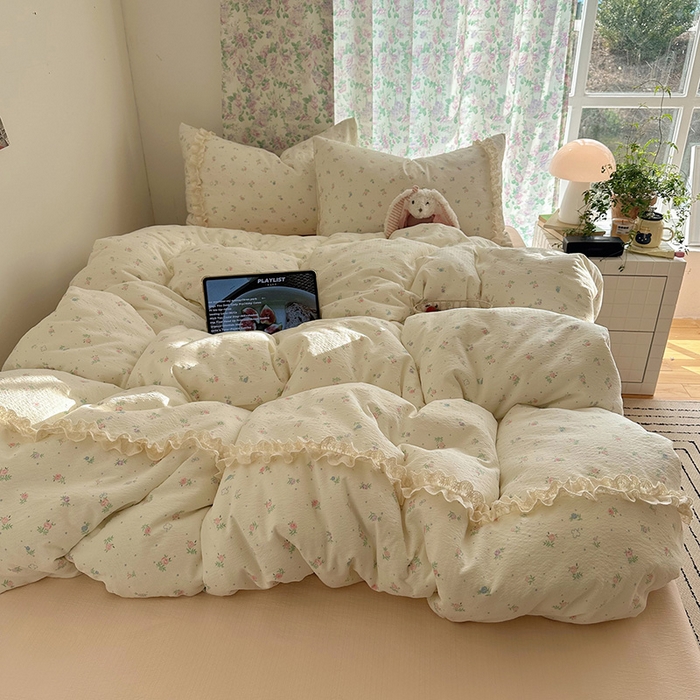 91家纺网 家纺一手货源 找家纺 （总）山茶家居-原创设计（原山茶家纺） 2026新款皱皱纱水洗棉花边四件套-清雾系列