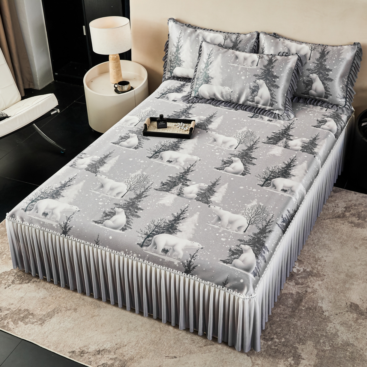 91家纺网 家纺一手货源 找家纺 绒宴家纺2026海洋冰丝床裙款凉席三件套