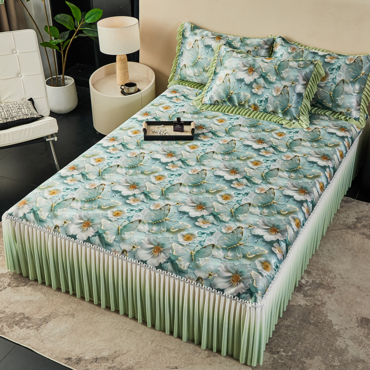 91家纺网 家纺一手货源 找家纺 绒宴家纺2026海洋冰丝床裙款凉席三件套