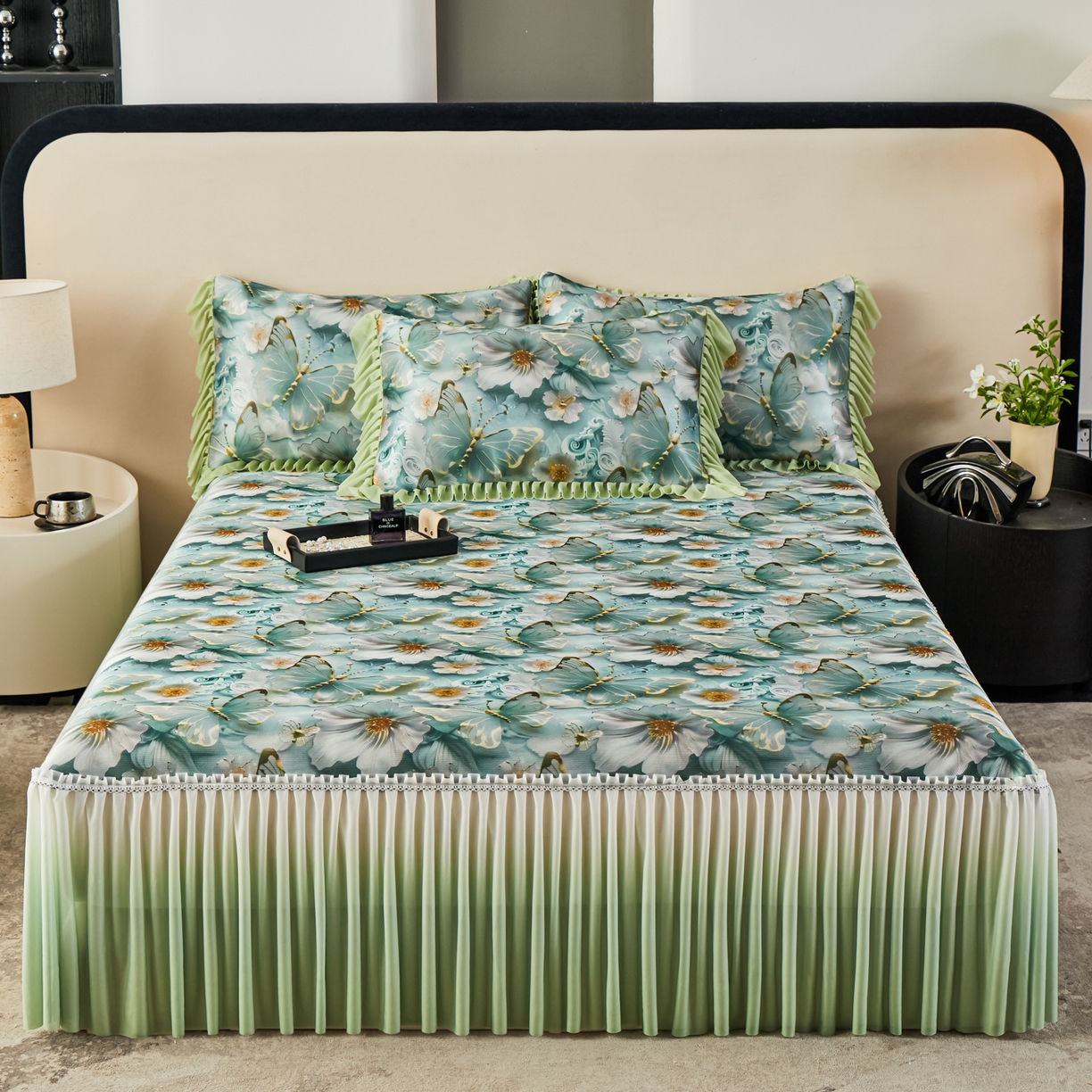 91家纺网 家纺一手货源 找家纺 绒宴家纺2026海洋冰丝床裙款凉席三件套