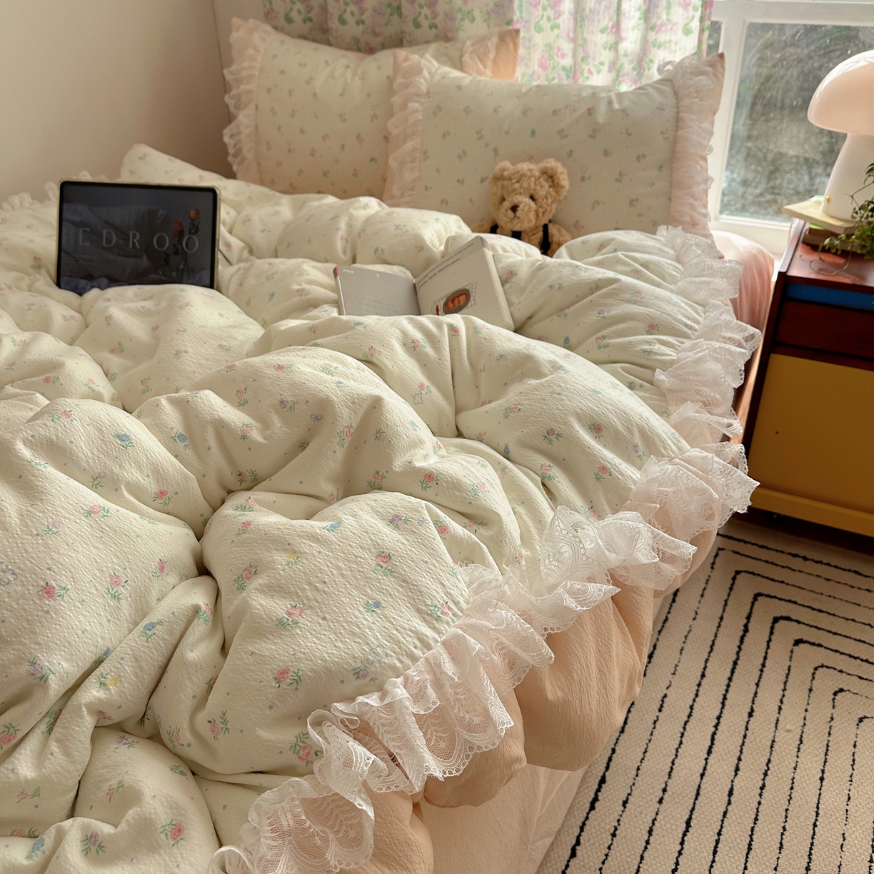 91家纺网 家纺一手货源 找家纺 （总）山茶家居-原创设计（原山茶家纺） 2026新款皱皱纱水洗棉花边四件套-清雾系列