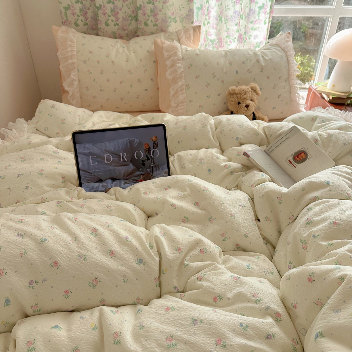 91家纺网 家纺一手货源 找家纺 （总）山茶家居-原创设计（原山茶家纺） 2026新款皱皱纱水洗棉花边四件套-清雾系列