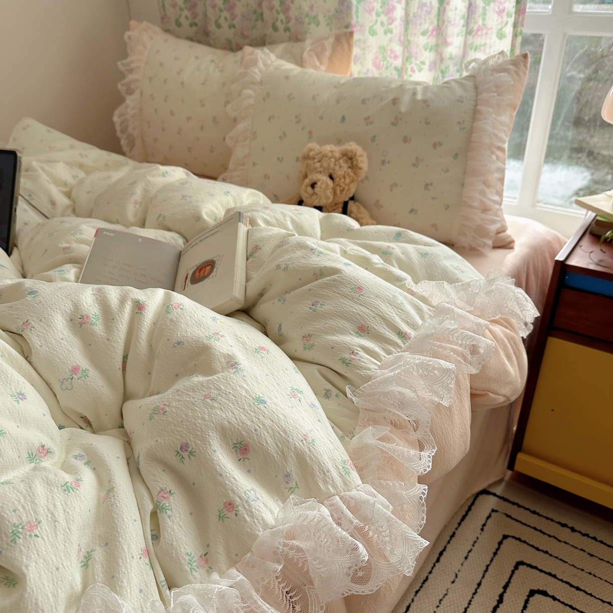 91家纺网 家纺一手货源 找家纺 （总）山茶家居-原创设计（原山茶家纺） 2026新款皱皱纱水洗棉花边四件套-清雾系列