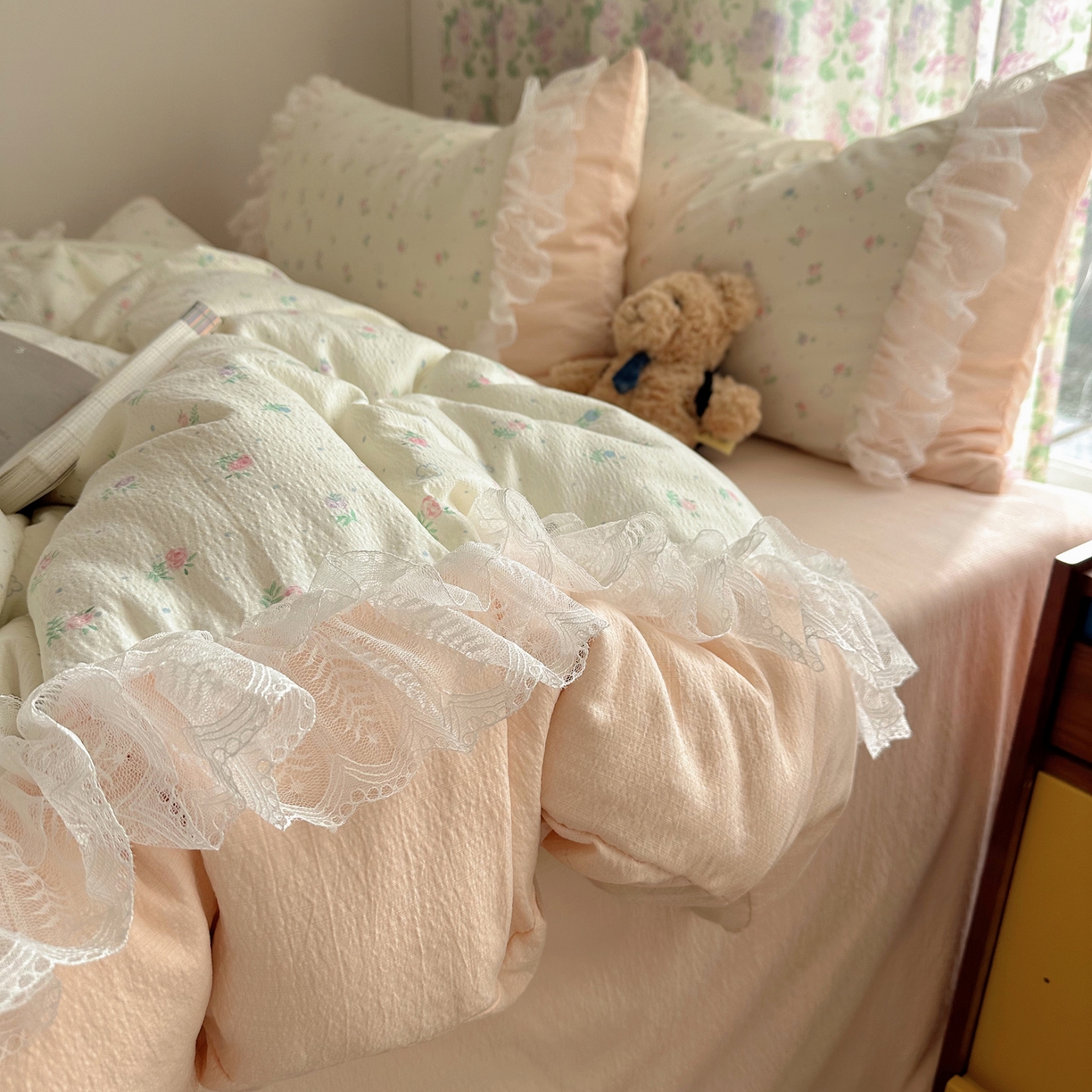 91家纺网 家纺一手货源 找家纺 （总）山茶家居-原创设计（原山茶家纺） 2026新款皱皱纱水洗棉花边四件套-清雾系列