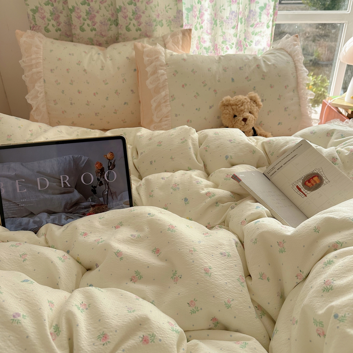 91家纺网 家纺一手货源 找家纺 （总）山茶家居-原创设计（原山茶家纺） 2026新款皱皱纱水洗棉花边四件套-清雾系列