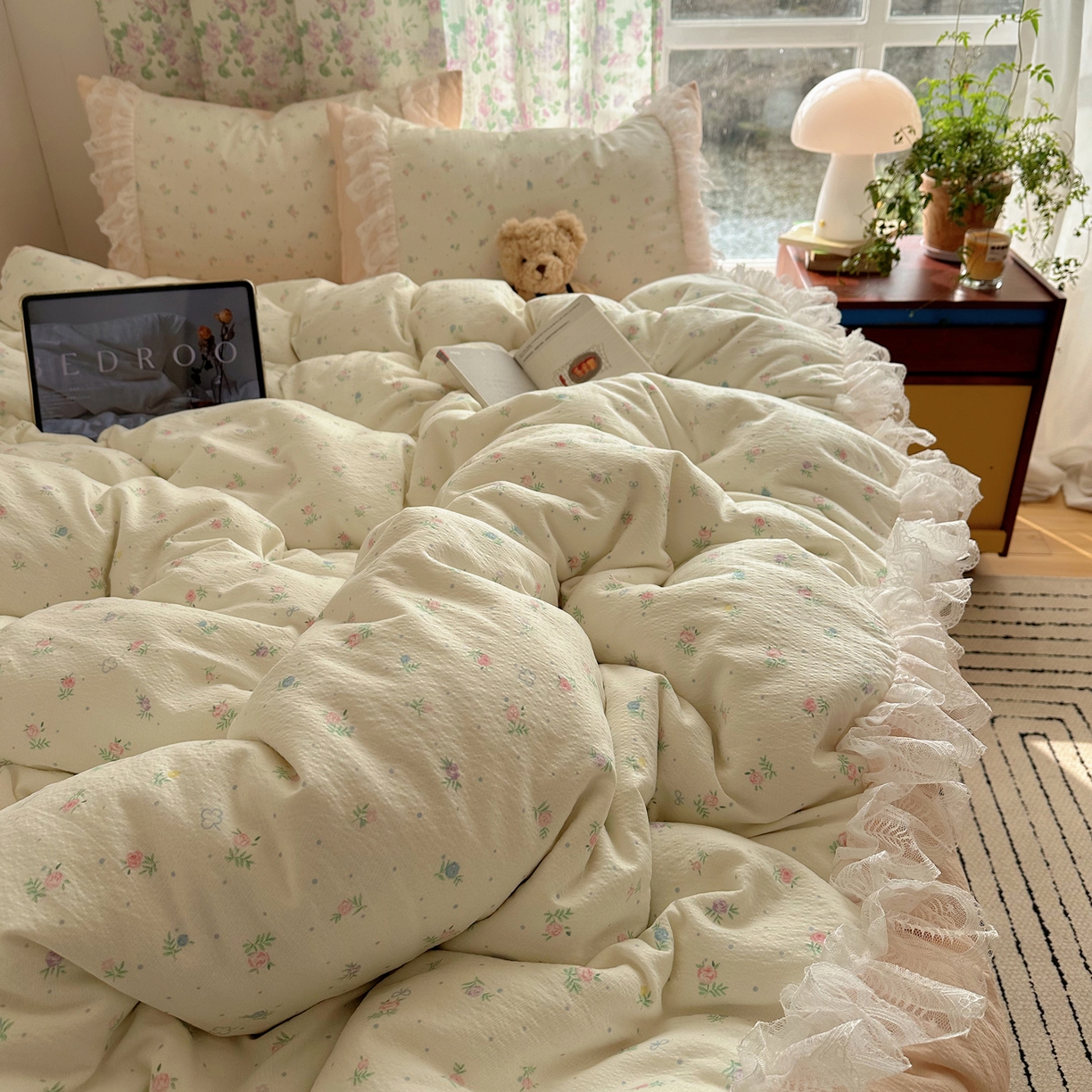 91家纺网 家纺一手货源 找家纺 （总）山茶家居-原创设计（原山茶家纺） 2026新款皱皱纱水洗棉花边四件套-清雾系列