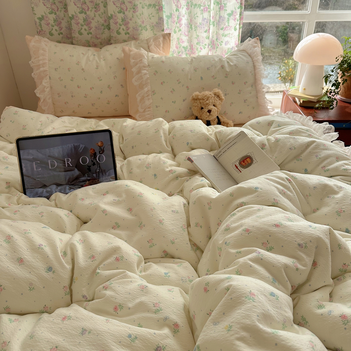 91家纺网 家纺一手货源 找家纺 （总）山茶家居-原创设计（原山茶家纺） 2026新款皱皱纱水洗棉花边四件套-清雾系列