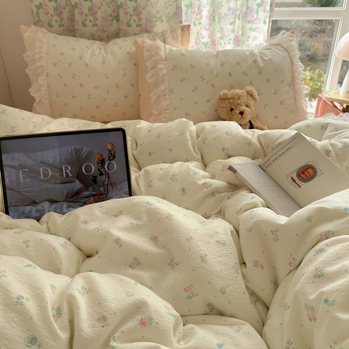 91家纺网 家纺一手货源 找家纺 （总）山茶家居-原创设计（原山茶家纺） 2026新款皱皱纱水洗棉花边四件套-清雾系列