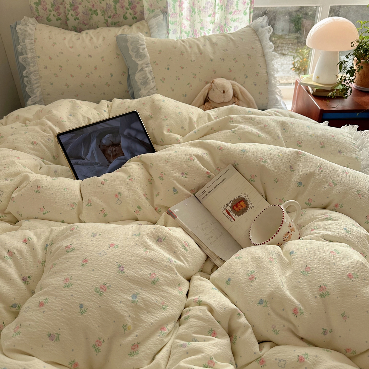 91家纺网 家纺一手货源 找家纺 山茶家居-原创设计（原山茶家纺） 2026新款皱皱纱水洗棉花边四件套-清雾系列 清雾-蕾丝蓝