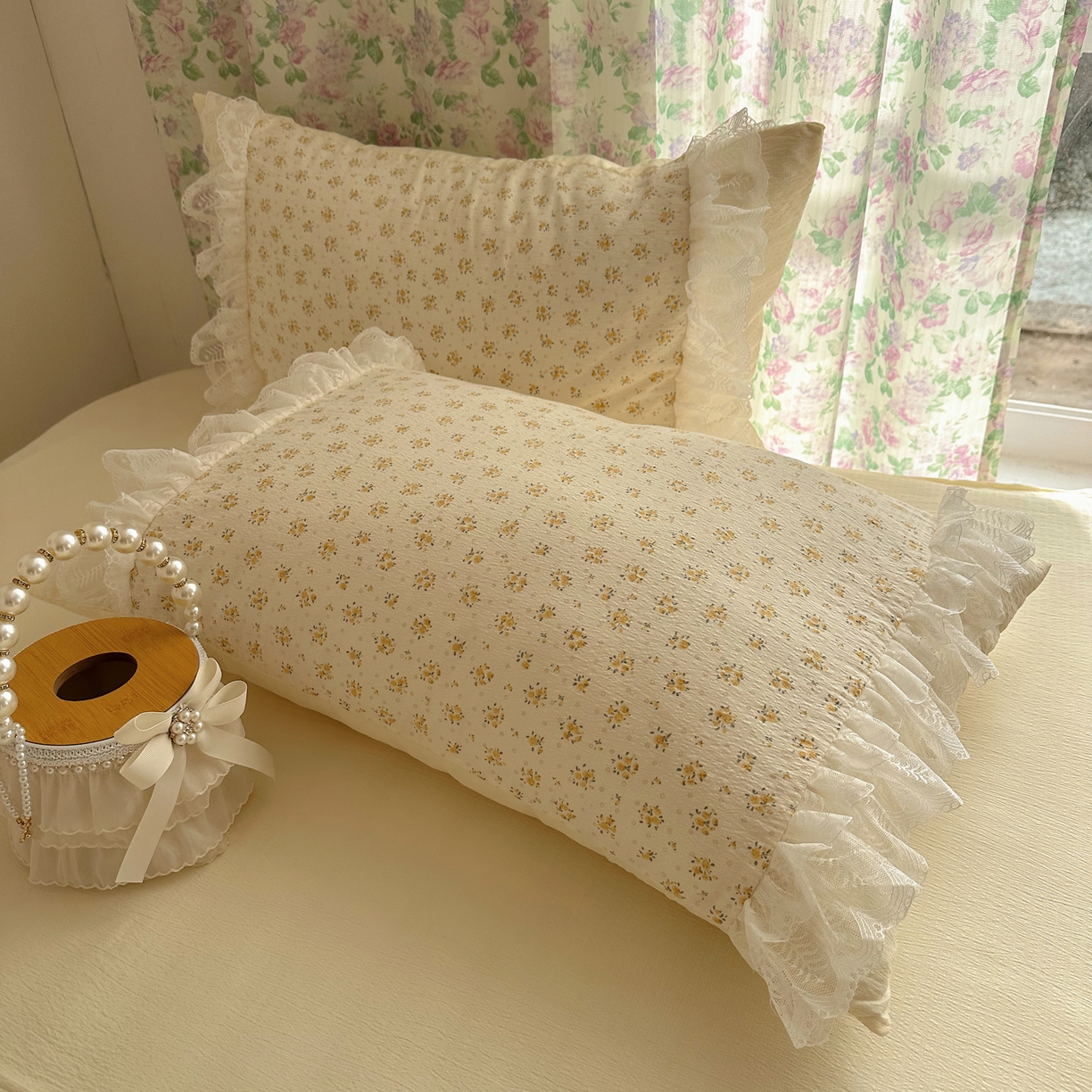 91家纺网 家纺一手货源 找家纺 山茶家居-原创设计（原山茶家纺） 2026新款皱皱纱水洗棉花边四件套-清雾系列 清雾-蕾丝米