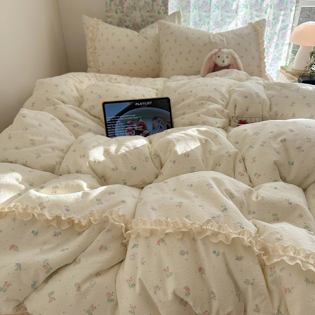 91家纺网 家纺一手货源 找家纺 山茶家居-原创设计（原山茶家纺） 2026新款皱皱纱水洗棉花边四件套-清雾系列 清雾-小粉花