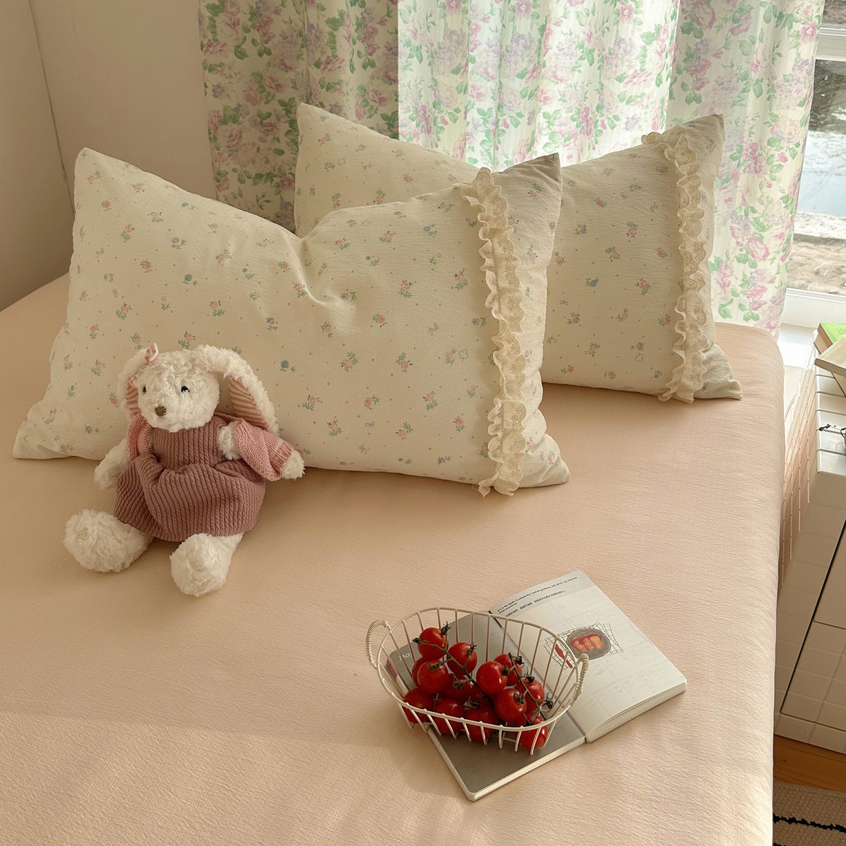 91家纺网 家纺一手货源 找家纺 山茶家居-原创设计（原山茶家纺） 2026新款皱皱纱水洗棉花边四件套-清雾系列 清雾-小粉花