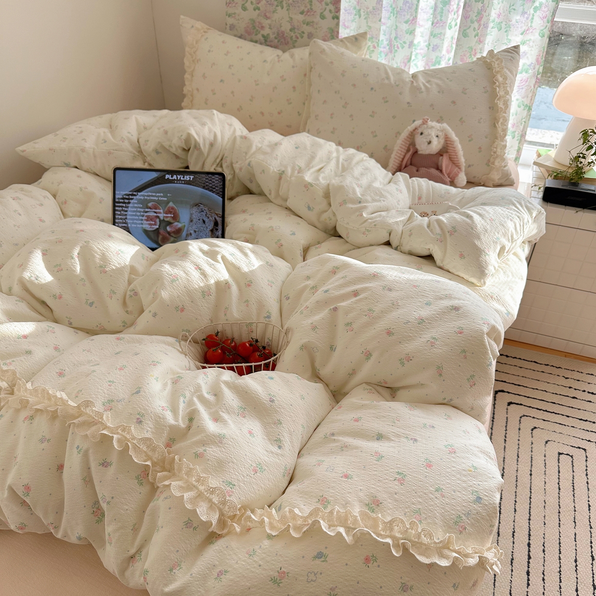 91家纺网 家纺一手货源 找家纺 山茶家居-原创设计（原山茶家纺） 2026新款皱皱纱水洗棉花边四件套-清雾系列 清雾-小粉花