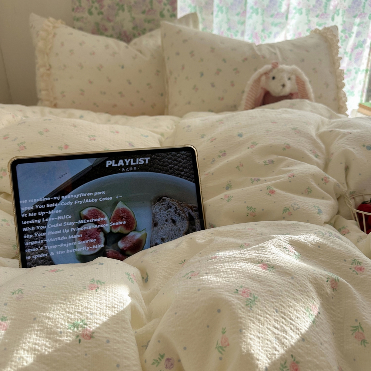 91家纺网 家纺一手货源 找家纺 山茶家居-原创设计（原山茶家纺） 2026新款皱皱纱水洗棉花边四件套-清雾系列 清雾-小粉花