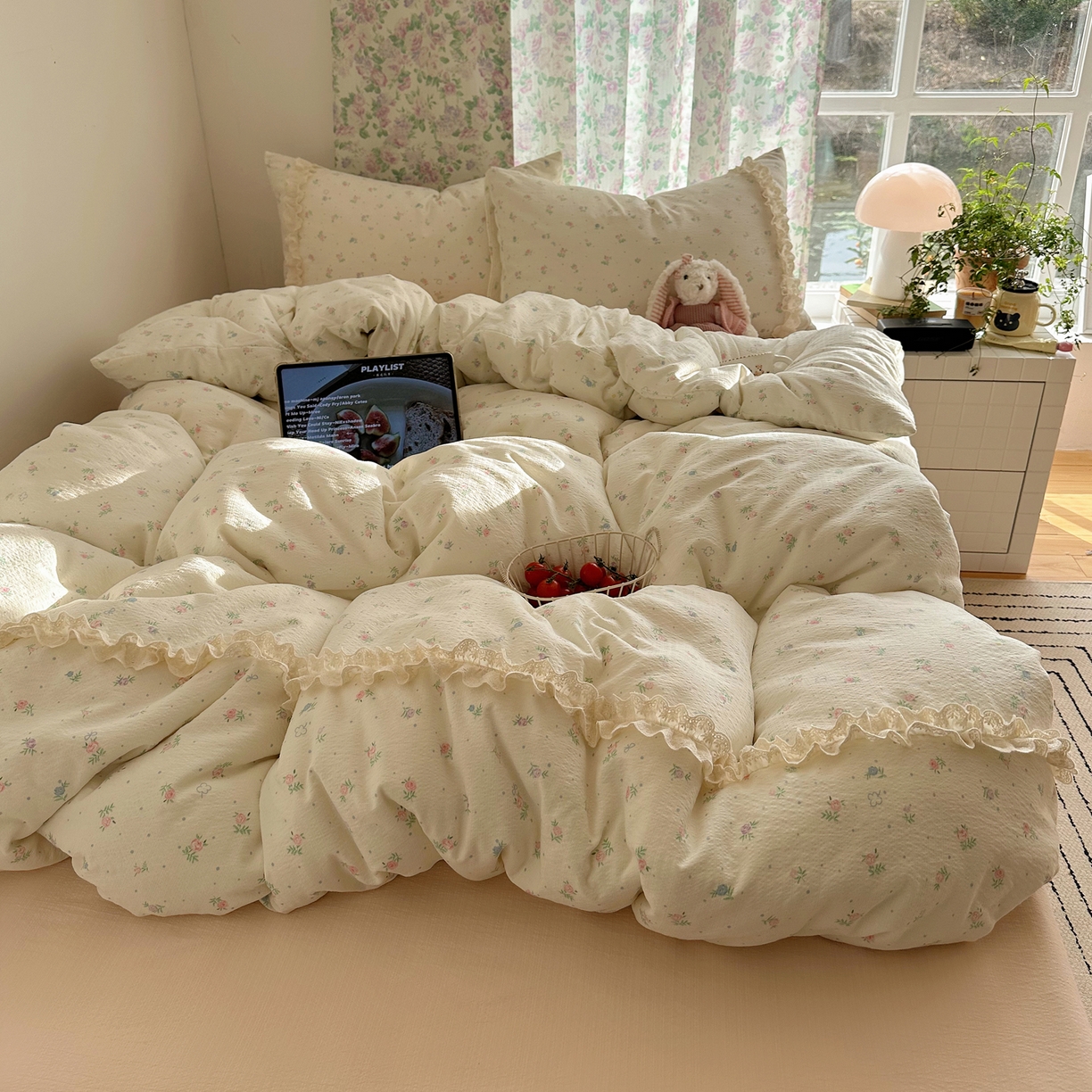 91家纺网 家纺一手货源 找家纺 山茶家居-原创设计（原山茶家纺） 2026新款皱皱纱水洗棉花边四件套-清雾系列 清雾-小粉花