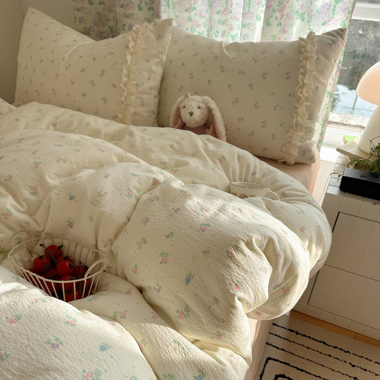 91家纺网 家纺一手货源 找家纺 山茶家居-原创设计（原山茶家纺） 2026新款皱皱纱水洗棉花边四件套-清雾系列 清雾-小粉花