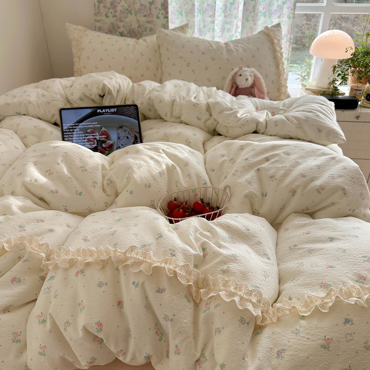 91家纺网 家纺一手货源 找家纺 山茶家居-原创设计（原山茶家纺） 2026新款皱皱纱水洗棉花边四件套-清雾系列 清雾-小粉花