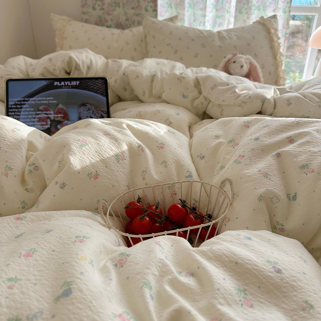 91家纺网 家纺一手货源 找家纺 山茶家居-原创设计（原山茶家纺） 2026新款皱皱纱水洗棉花边四件套-清雾系列 清雾-小粉花