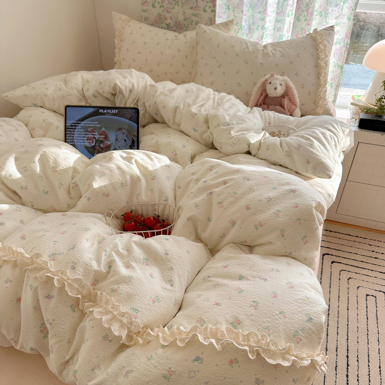 91家纺网 家纺一手货源 找家纺 山茶家居-原创设计（原山茶家纺） 2026新款皱皱纱水洗棉花边四件套-清雾系列 清雾-小粉花