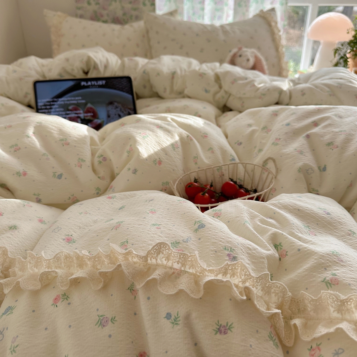 91家纺网 家纺一手货源 找家纺 山茶家居-原创设计（原山茶家纺） 2026新款皱皱纱水洗棉花边四件套-清雾系列 清雾-小粉花