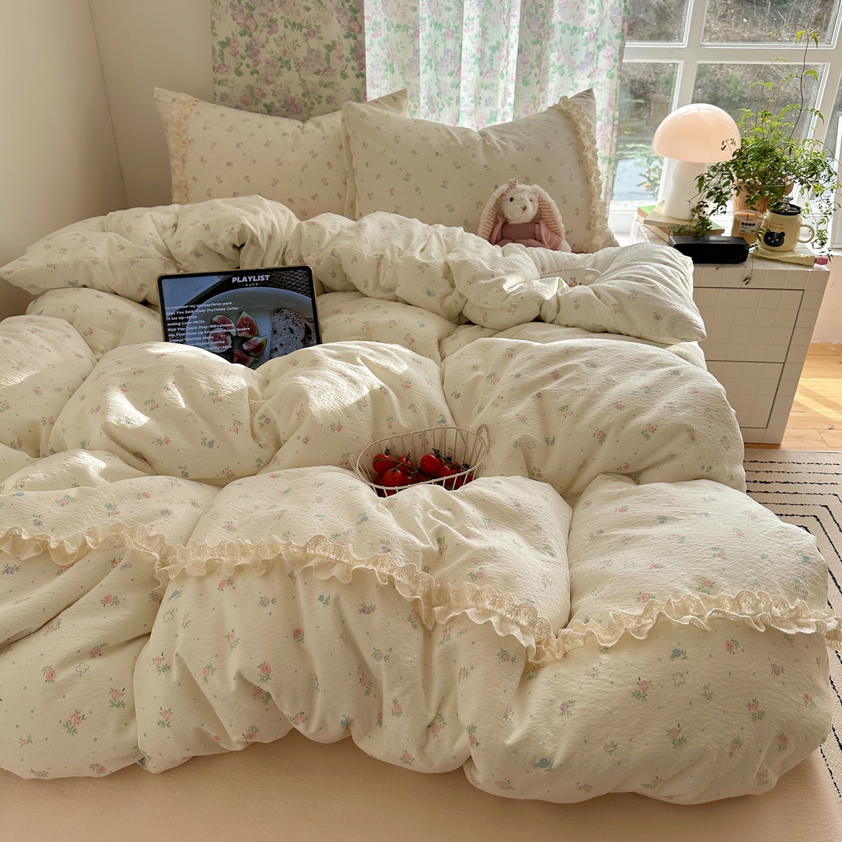 91家纺网 家纺一手货源 找家纺 山茶家居-原创设计（原山茶家纺） 2026新款皱皱纱水洗棉花边四件套-清雾系列 清雾-小粉花