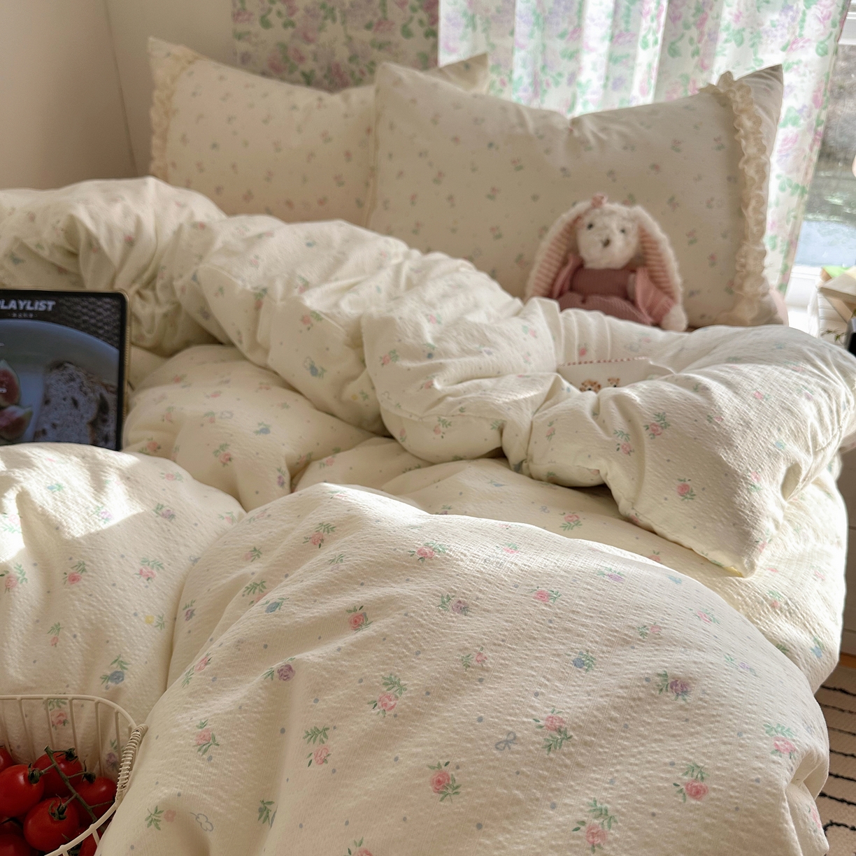 91家纺网 家纺一手货源 找家纺 山茶家居-原创设计（原山茶家纺） 2026新款皱皱纱水洗棉花边四件套-清雾系列 清雾-小粉花