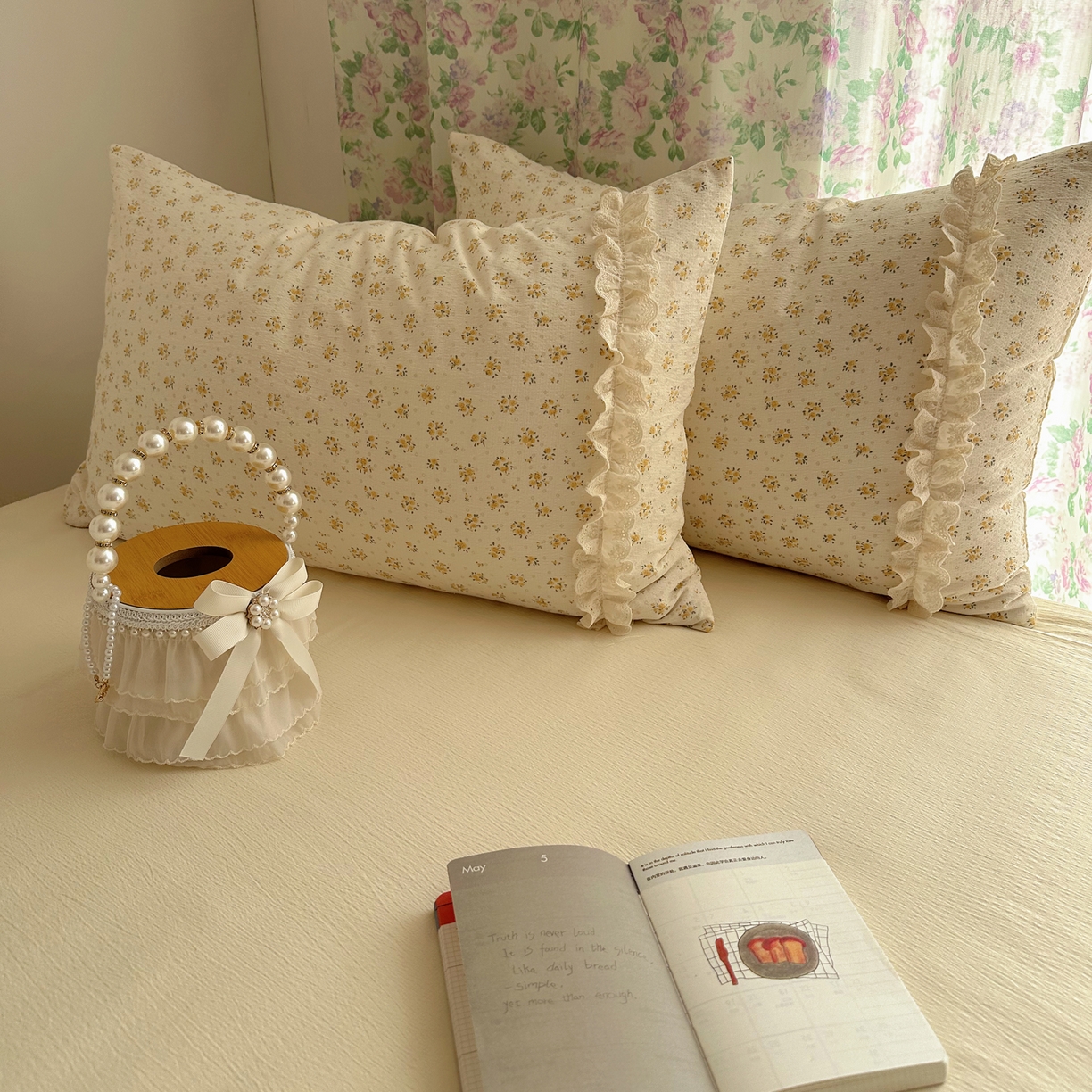 91家纺网 家纺一手货源 找家纺 山茶家居-原创设计（原山茶家纺） 2026新款皱皱纱水洗棉花边四件套-清雾系列 清雾-小黄花