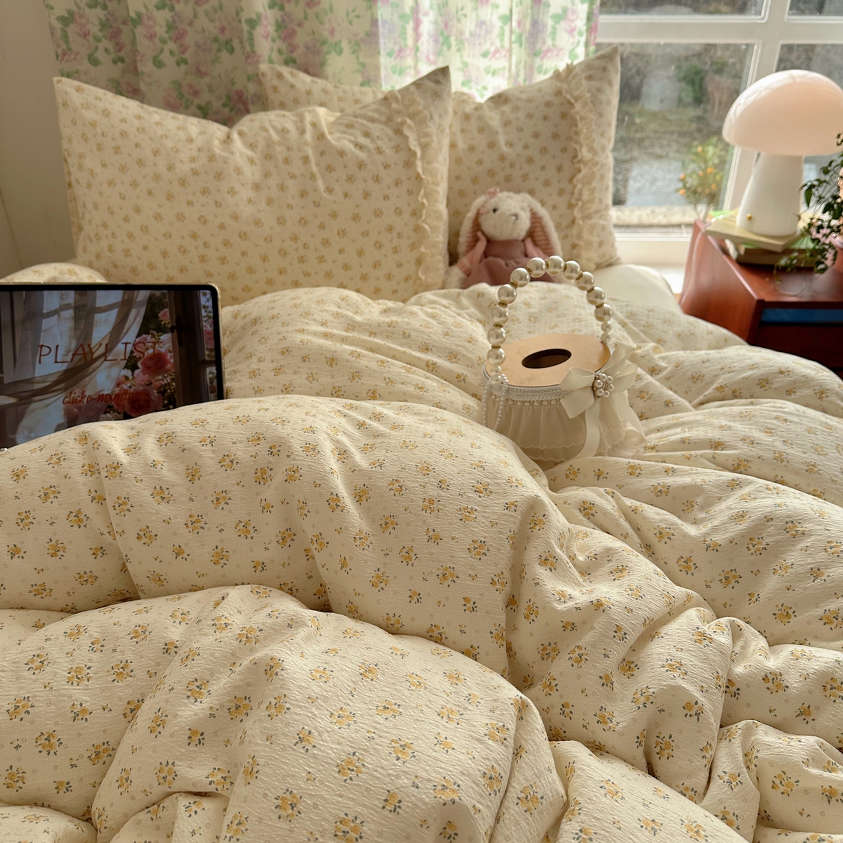 91家纺网 家纺一手货源 找家纺 山茶家居-原创设计（原山茶家纺） 2026新款皱皱纱水洗棉花边四件套-清雾系列 清雾-小黄花