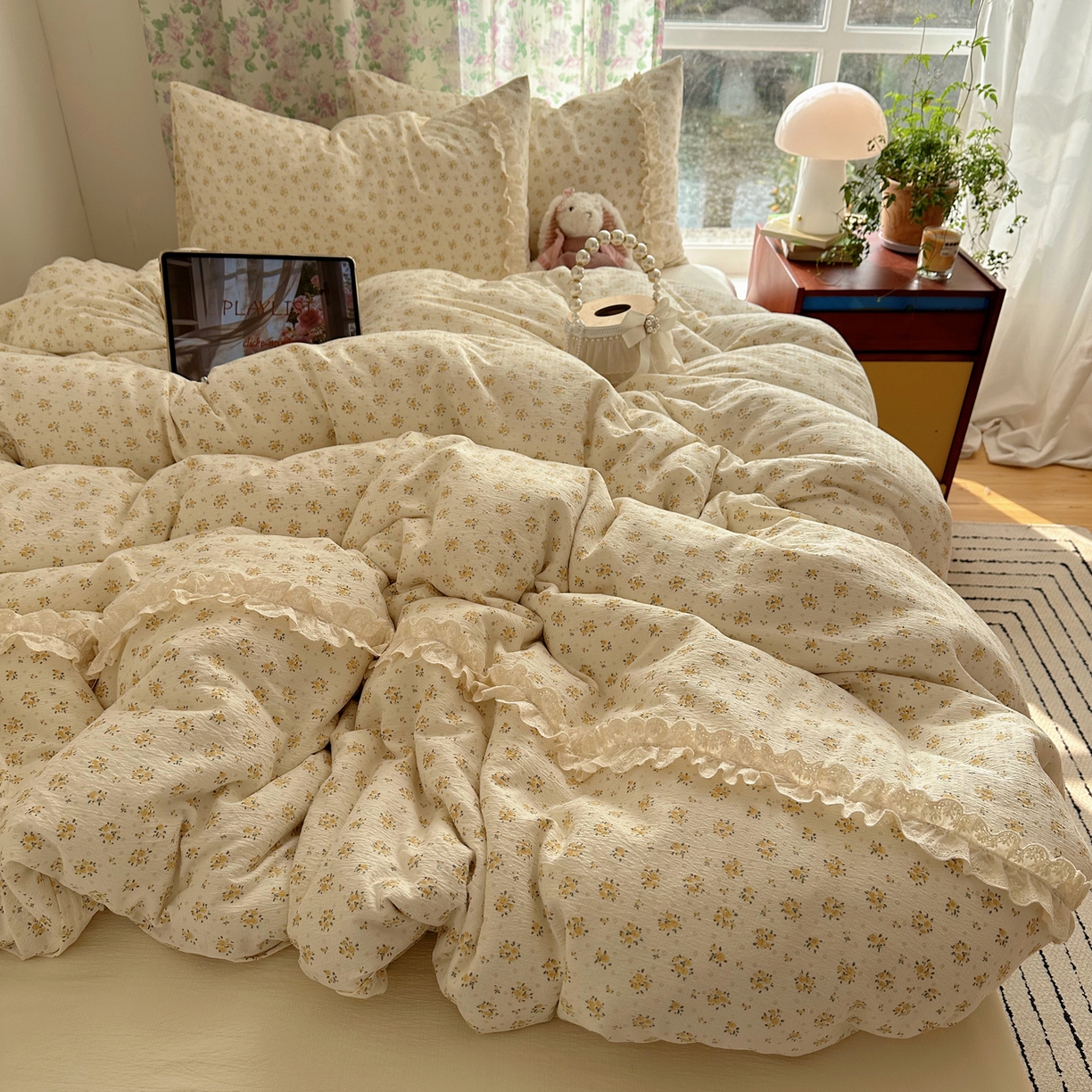 91家纺网 家纺一手货源 找家纺 山茶家居-原创设计（原山茶家纺） 2026新款皱皱纱水洗棉花边四件套-清雾系列 清雾-小黄花