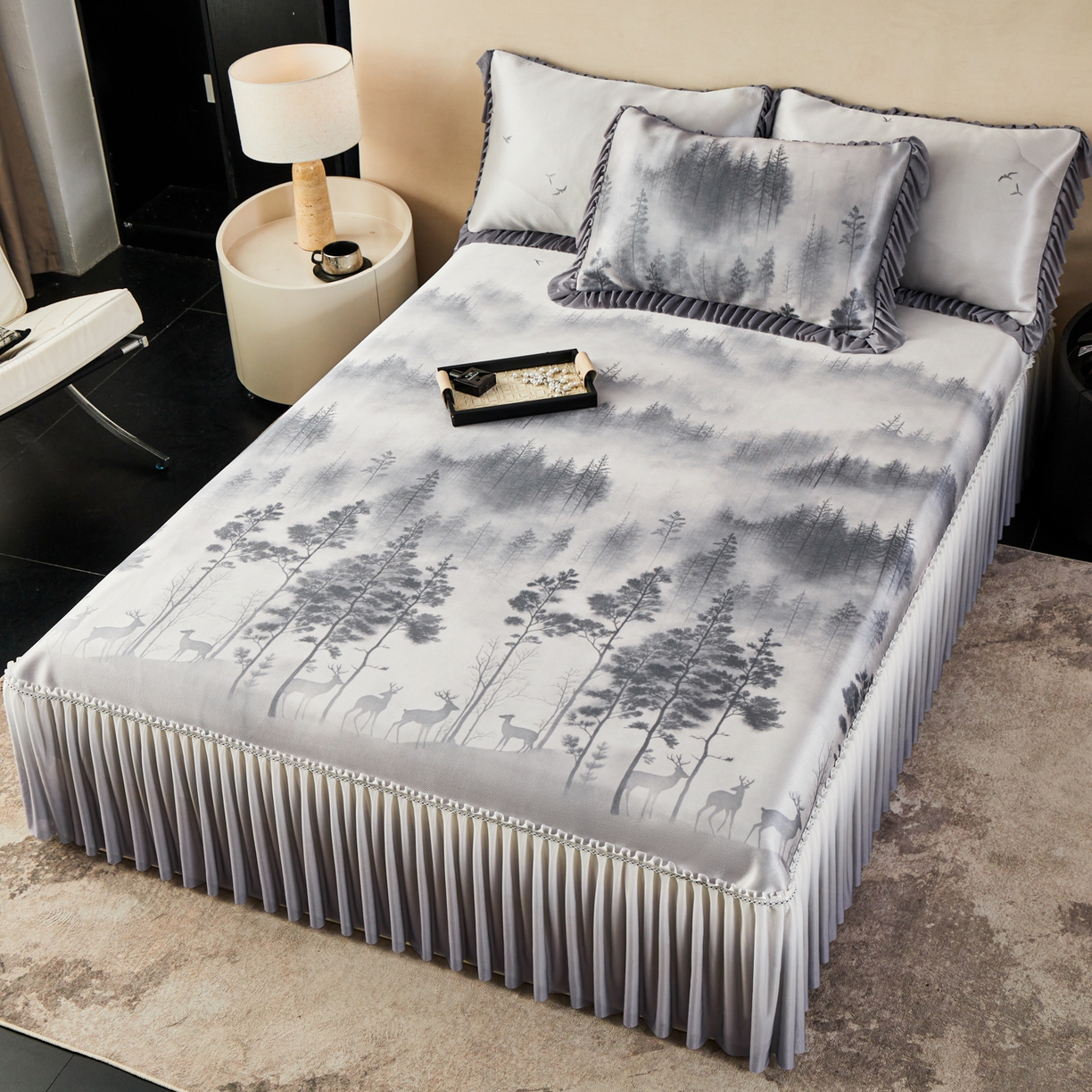 91家纺网 家纺一手货源 找家纺 绒宴家纺2026海洋冰丝床裙款凉席三件套