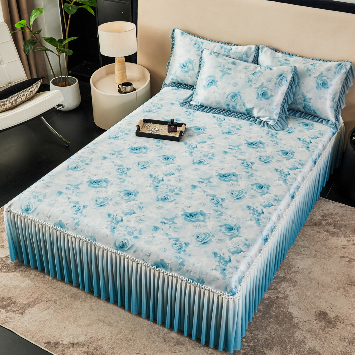 91家纺网 家纺一手货源 找家纺 绒宴家纺2026海洋冰丝床裙款凉席三件套