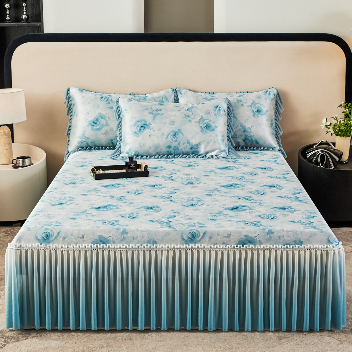 91家纺网 家纺一手货源 找家纺 绒宴家纺2026海洋冰丝床裙款凉席三件套