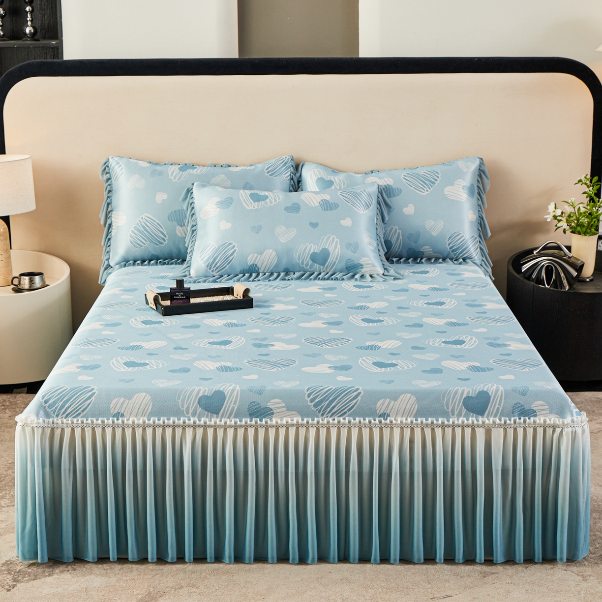 91家纺网 家纺一手货源 找家纺 绒宴家纺2026海洋冰丝床裙款凉席三件套