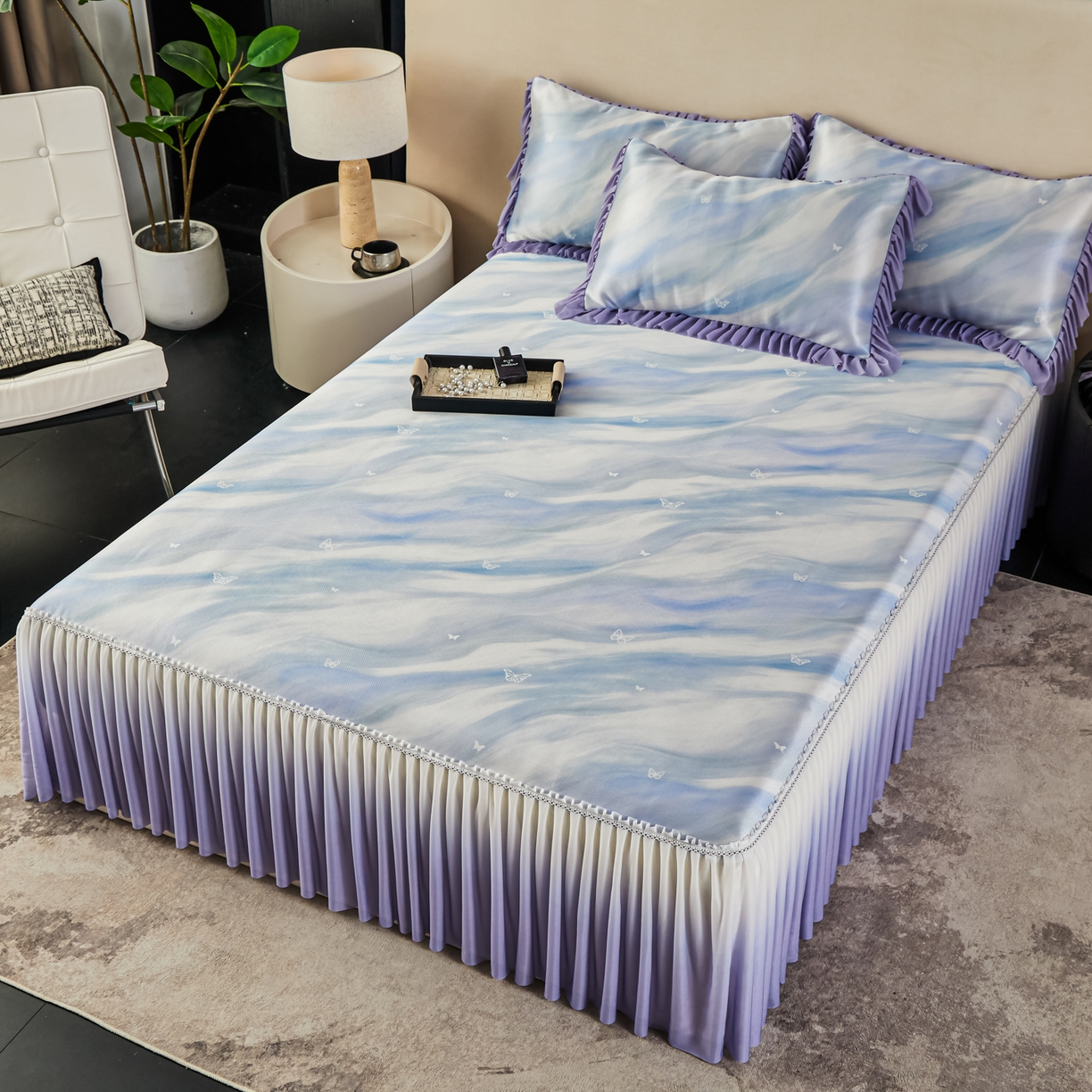 91家纺网 家纺一手货源 找家纺 绒宴家纺2026海洋冰丝床裙款凉席三件套