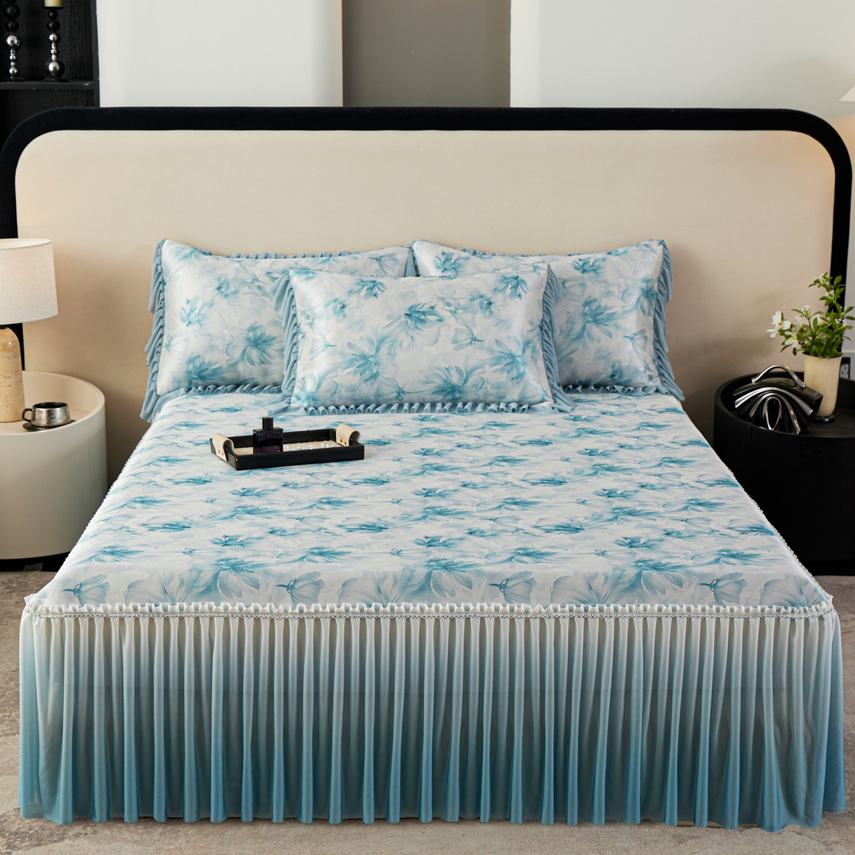 91家纺网 家纺一手货源 找家纺 绒宴家纺2026海洋冰丝床裙款凉席三件套