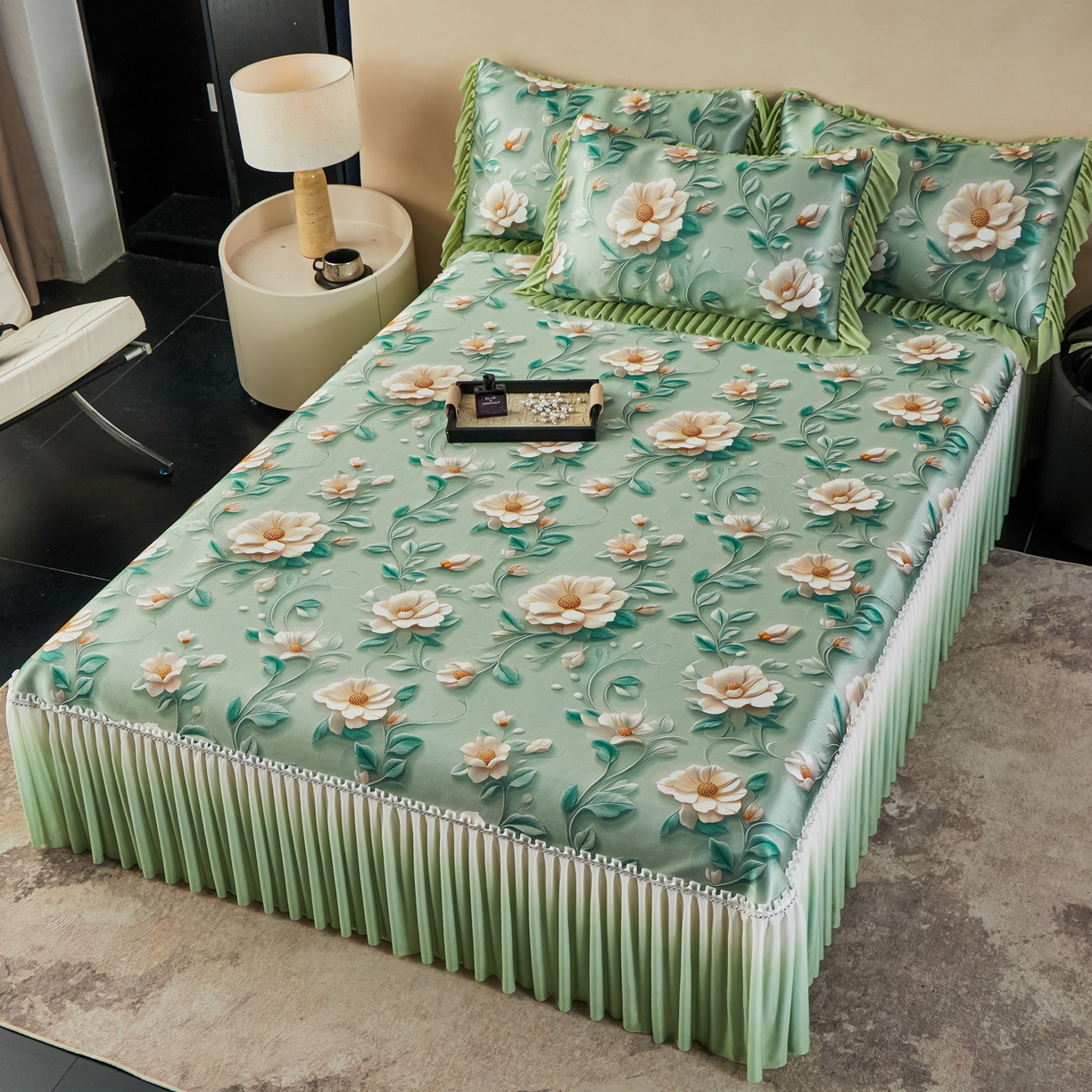 91家纺网 家纺一手货源 找家纺 绒宴家纺2026海洋冰丝床裙款凉席三件套