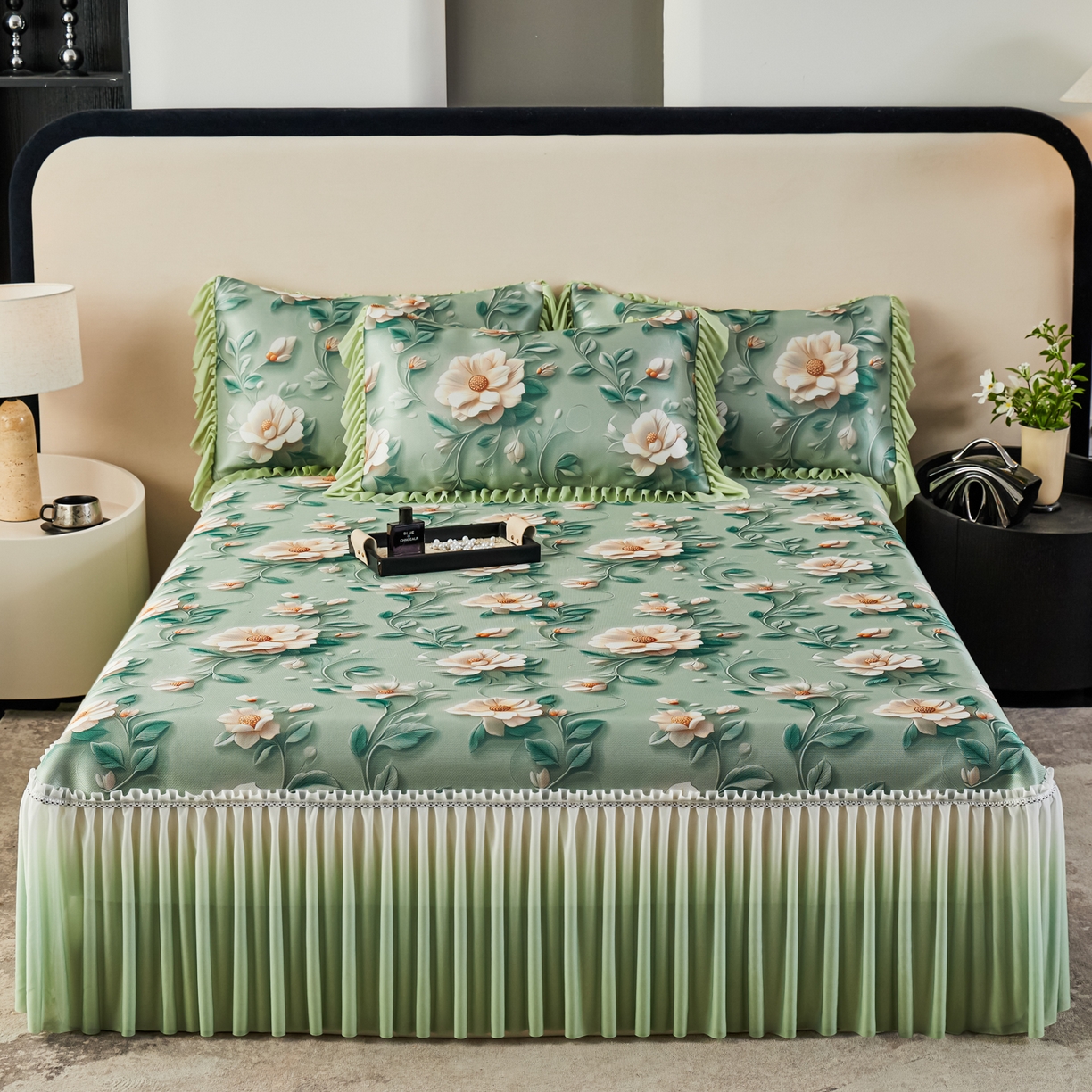 91家纺网 家纺一手货源 找家纺 绒宴家纺2026海洋冰丝床裙款凉席三件套