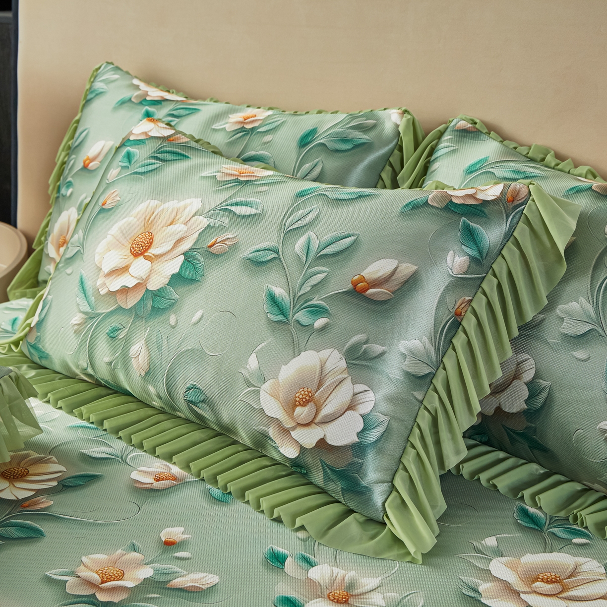 91家纺网 家纺一手货源 找家纺 绒宴家纺2026海洋冰丝床裙款凉席三件套