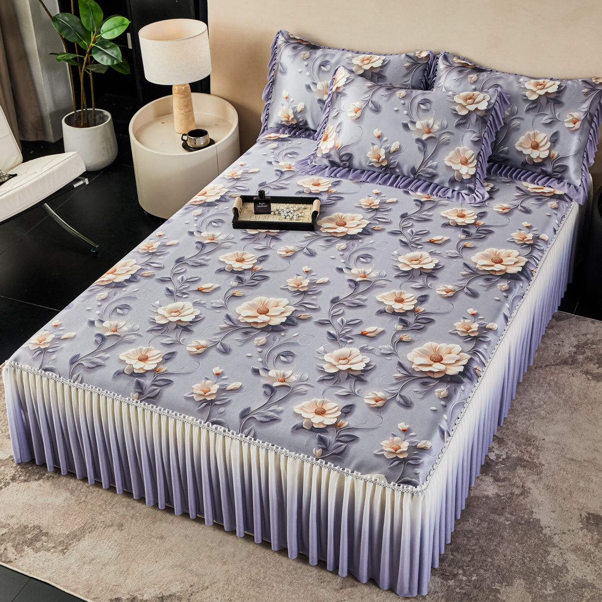 91家纺网 家纺一手货源 找家纺 绒宴家纺2026海洋冰丝床裙款凉席三件套