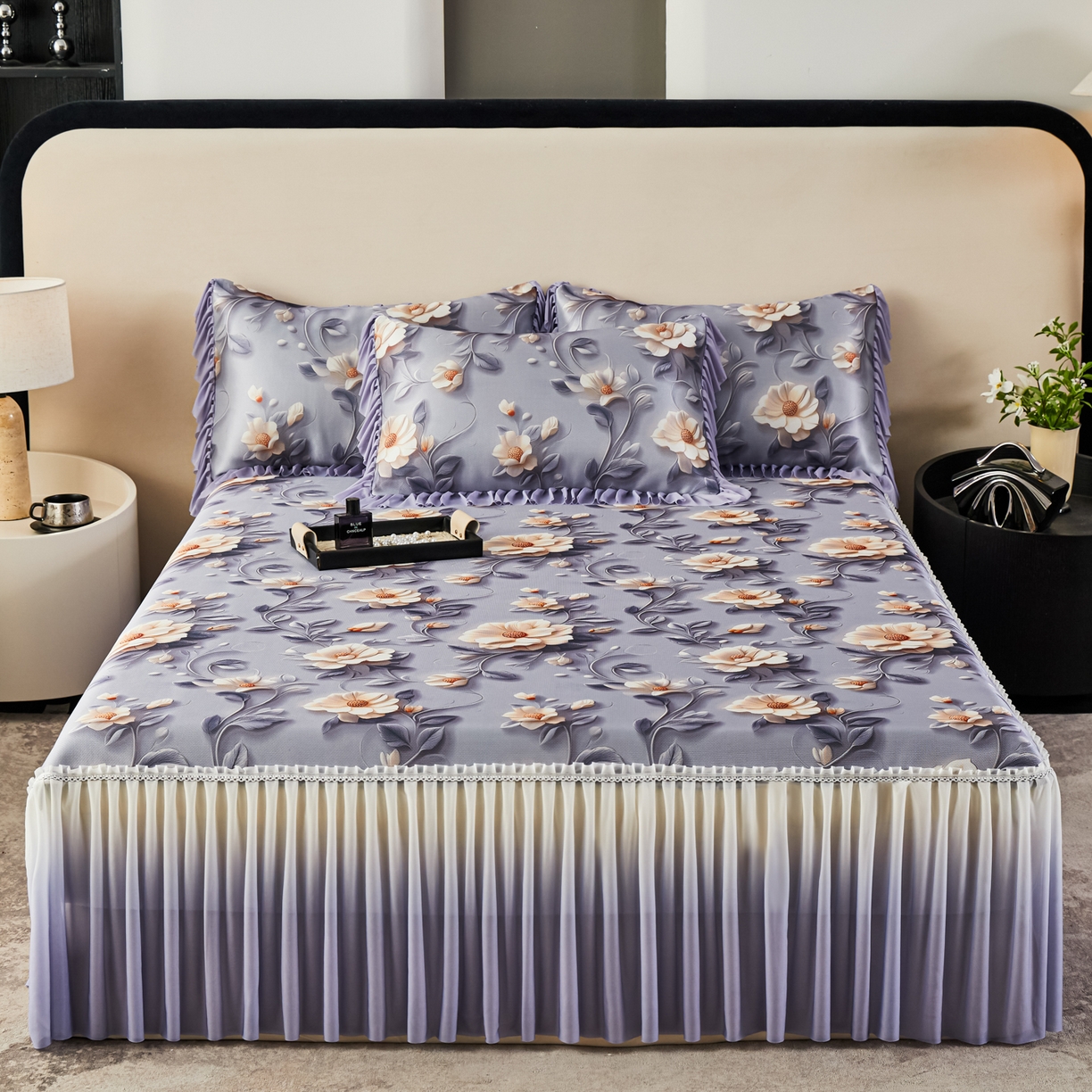 91家纺网 家纺一手货源 找家纺 绒宴家纺2026海洋冰丝床裙款凉席三件套