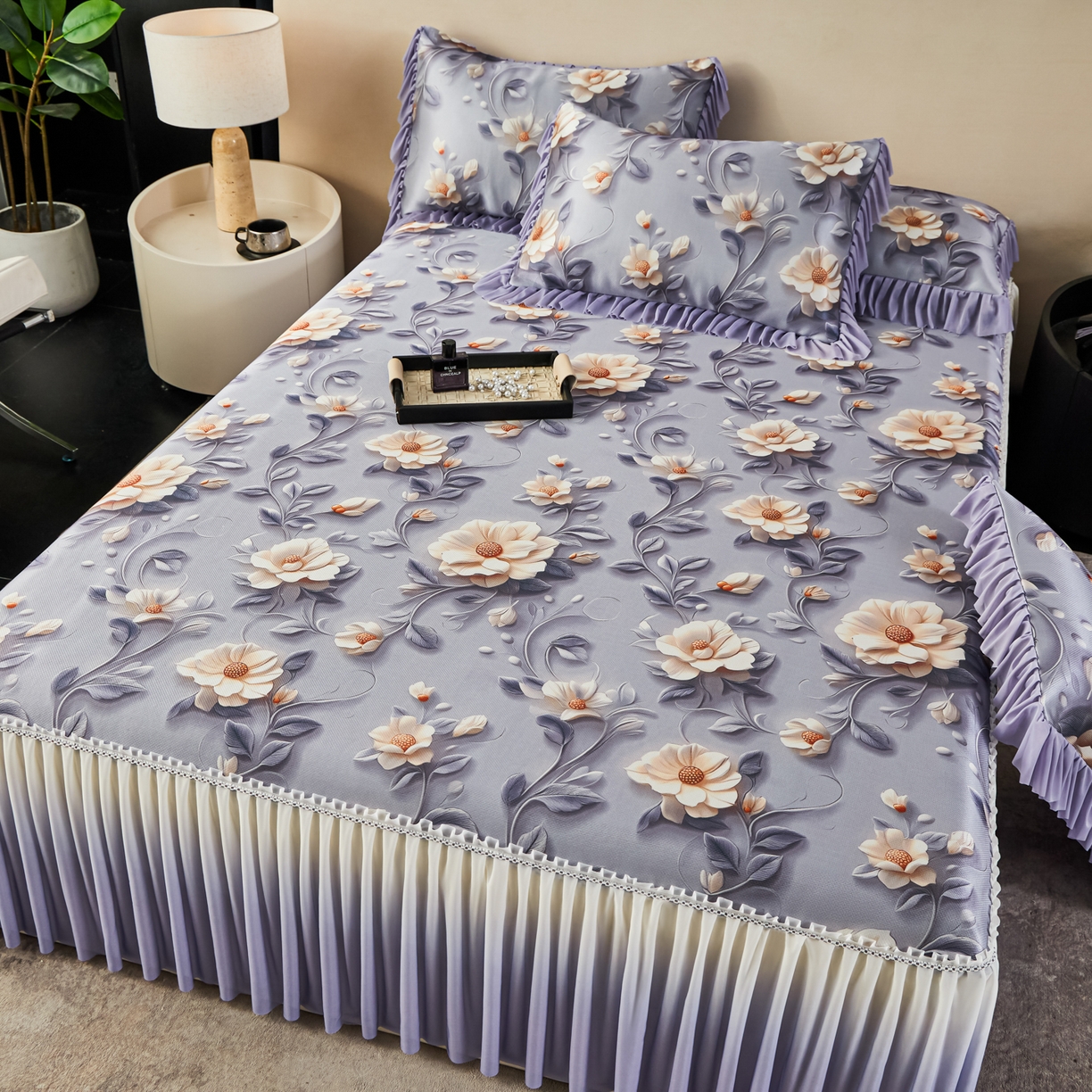 91家纺网 家纺一手货源 找家纺 绒宴家纺2026海洋冰丝床裙款凉席三件套